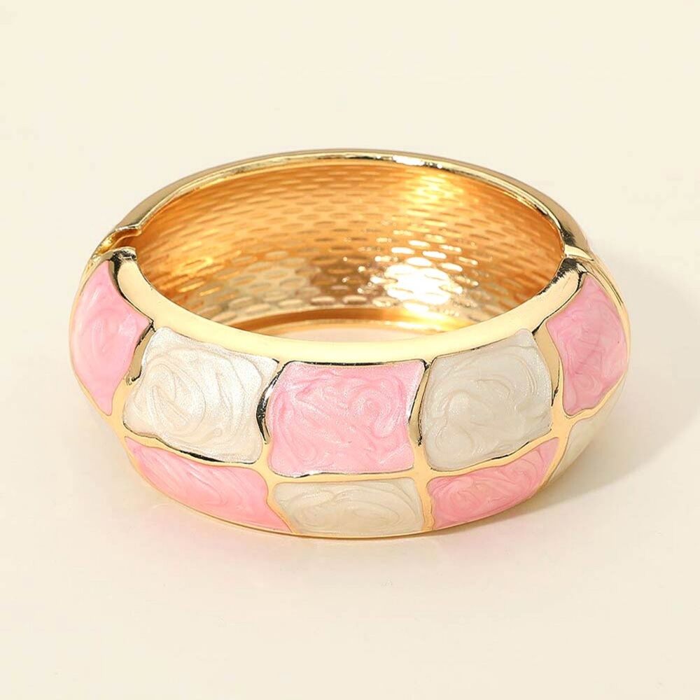 Pink White Gold Checkered Geometric Chunky Bangle Bracelet Hinged Statement